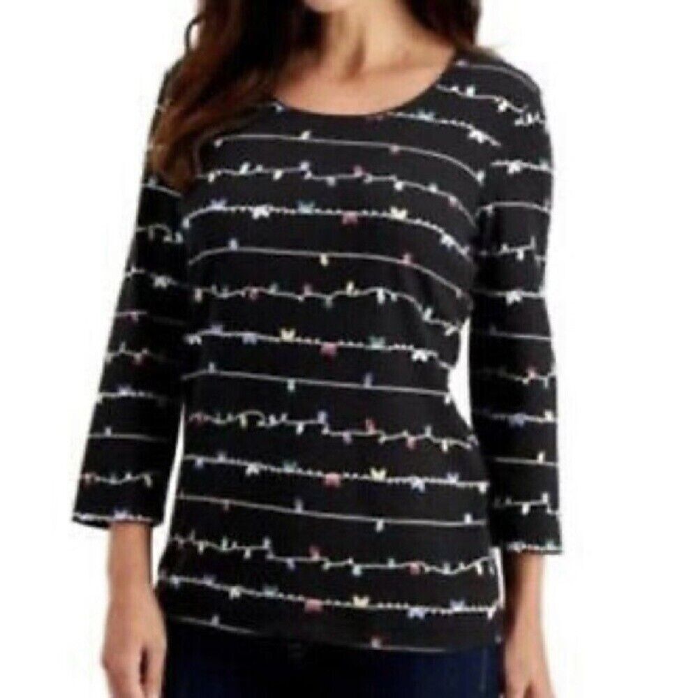 Women Top Shirt Karen Scott Holiday Light Black 3/4 Sleeve New Size Petite Small